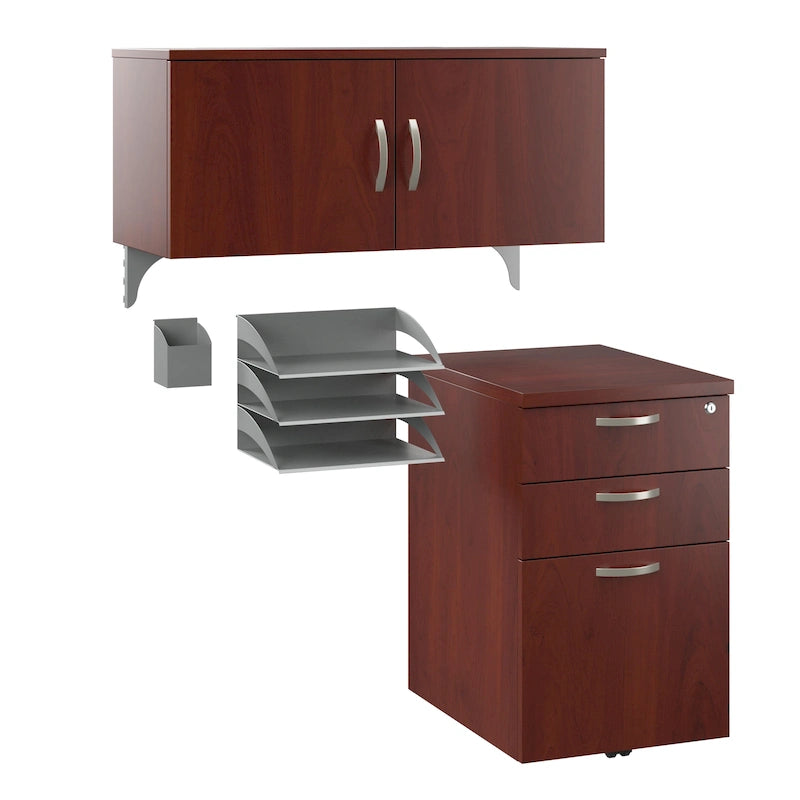 Ensemble de rangement de bureau 4 pièces cerisier/blanc – Armoire, classeur mobile et organiseurs de bureau, 1 personne