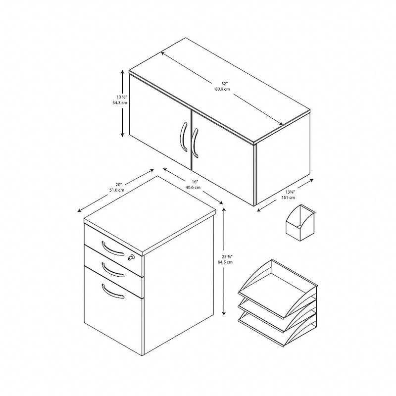 Ensemble de rangement de bureau 4 pièces cerisier/blanc – Armoire, classeur mobile et organiseurs de bureau, 1 personne