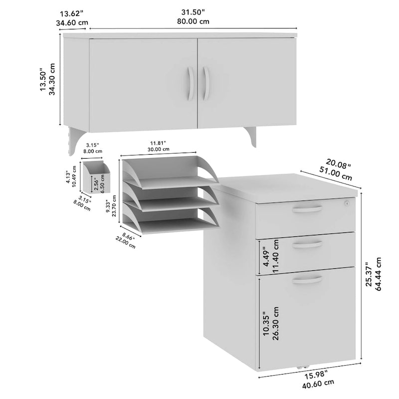 Ensemble de rangement de bureau 4 pièces cerisier/blanc – Armoire, classeur mobile et organiseurs de bureau, 1 personne