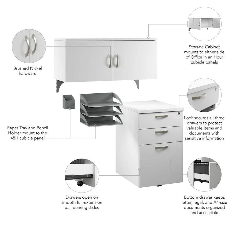Ensemble de rangement de bureau 4 pièces cerisier/blanc – Armoire, classeur mobile et organiseurs de bureau, 1 personne