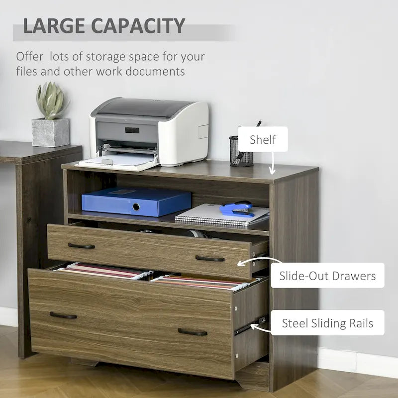 Classeur latéral avec étagère, Armoire de rangement de bureau à 2 tiroirs, Convient aux documents de format Lettre