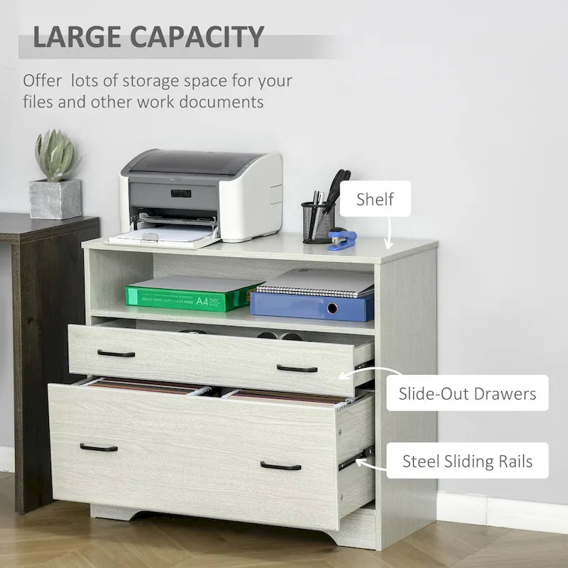 Classeur latéral avec étagère, Armoire de rangement de bureau à 2 tiroirs, Convient aux documents de format Lettre