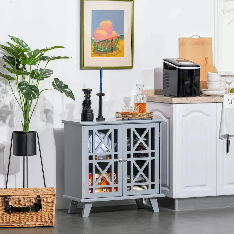 Bahut console de service et buffet avec portes à motifs ajourés et base surélevée, gris – 31 x 14,25 x 31
