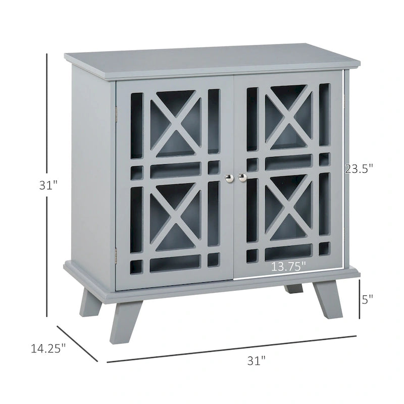 Bahut console de service et buffet avec portes à motifs ajourés et base surélevée, gris – 31 x 14,25 x 31