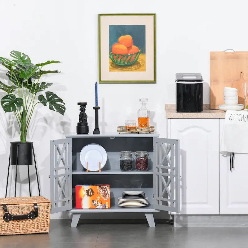 Bahut console de service et buffet avec portes à motifs ajourés et base surélevée, gris – 31 x 14,25 x 31