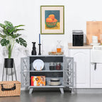 Bahut console de service et buffet avec portes à motifs ajourés et base surélevée, gris – 31 x 14,25 x 31