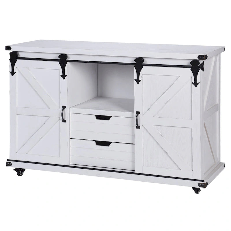 Meuble de rangement 2 portes avec centre ouvert, blanc vieilli