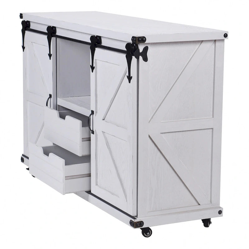 Meuble de rangement 2 portes avec centre ouvert, blanc vieilli