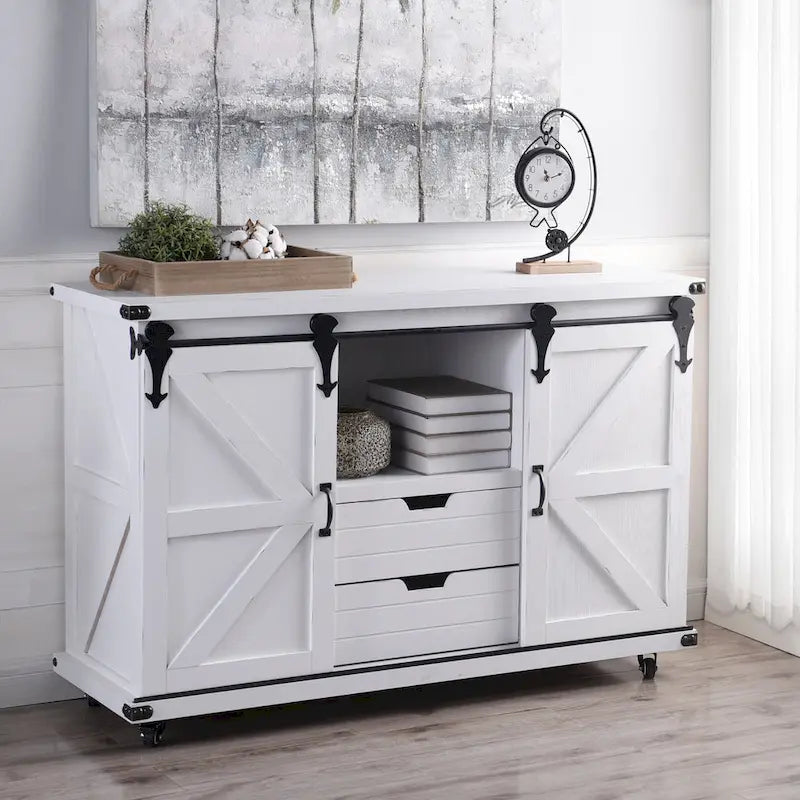 Meuble de rangement 2 portes avec centre ouvert, blanc vieilli