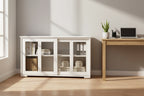 Buffet bahut moderne crème-blanc en bois avec portes coulissantes en verre – 42W x 13.0D x 24.5H