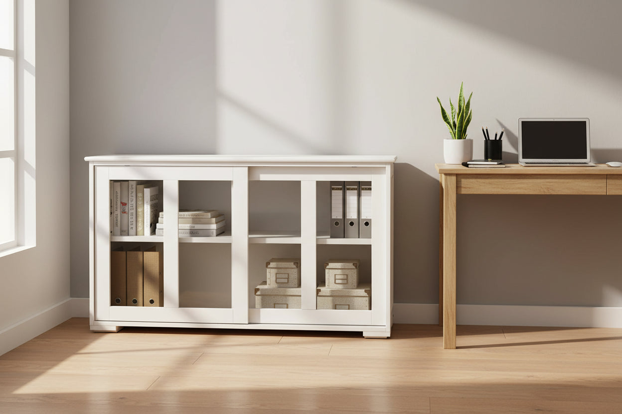 Buffet bahut moderne crème-blanc en bois avec portes coulissantes en verre – 42W x 13.0D x 24.5H