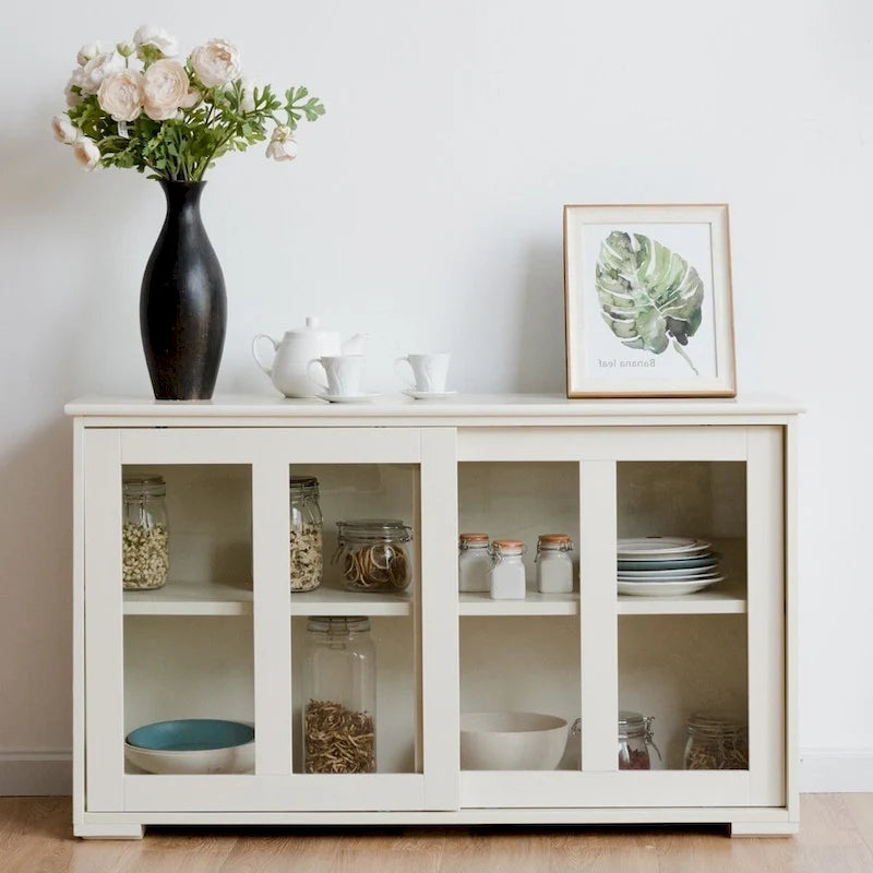 Buffet bahut moderne crème-blanc en bois avec portes coulissantes en verre – 42W x 13.0D x 24.5H