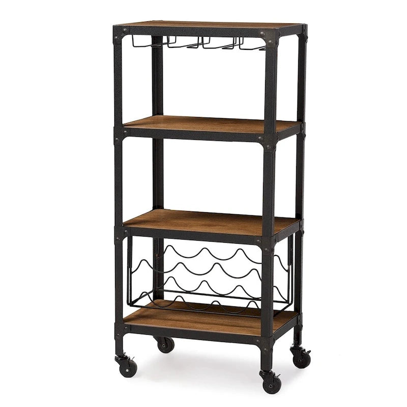 Étagère mobile de cuisine/bar à vin de style industriel rustique en métal noir texturé vieilli et bois vieilli