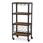 Étagère mobile de cuisine/bar à vin de style industriel rustique en métal noir texturé vieilli et bois vieilli