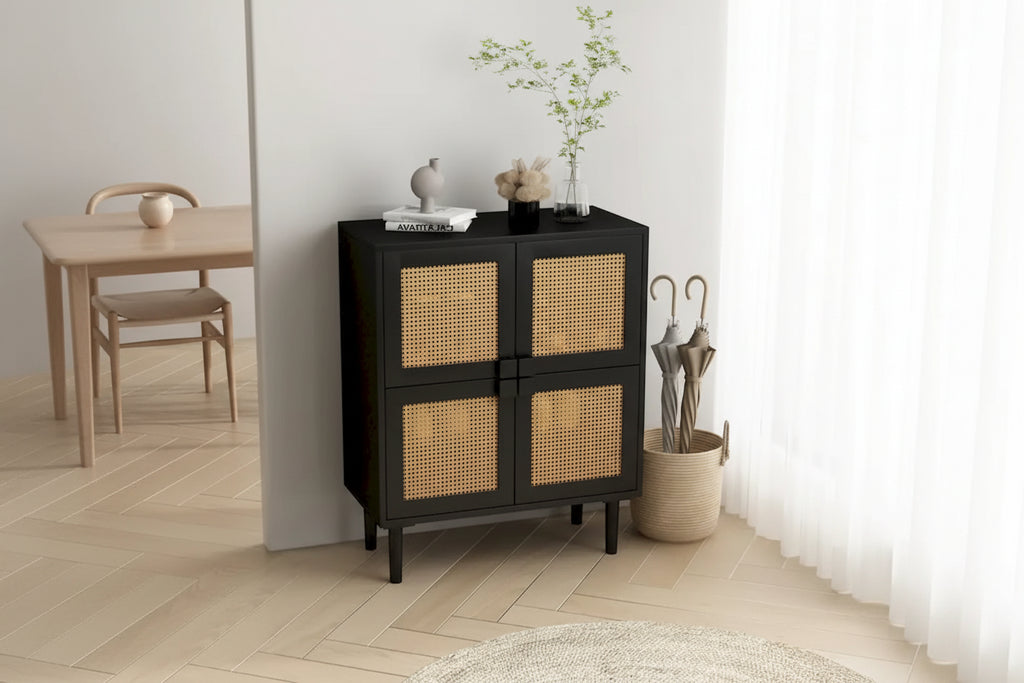 Meuble de rangement en rotin tressé à 4 portes