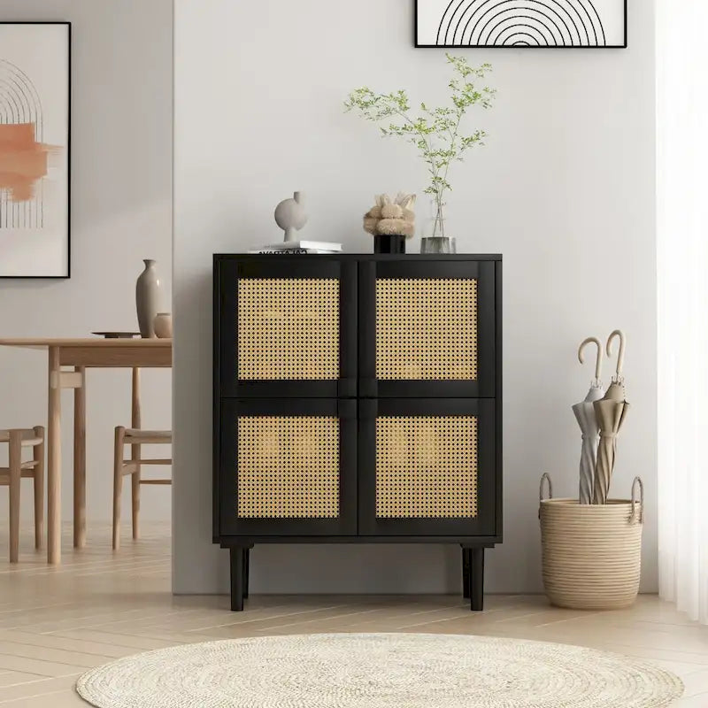Meuble de rangement en rotin tressé à 4 portes