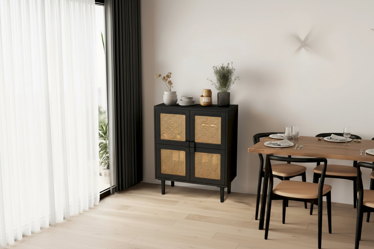 Meuble de rangement en rotin tressé à 4 portes