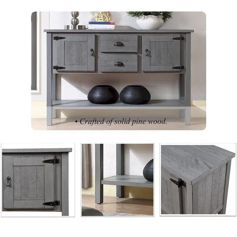 Console avec 2 tiroirs et placards et étagère inférieure, meuble de rangement de style rétro pour salle à manger (Gris antique)