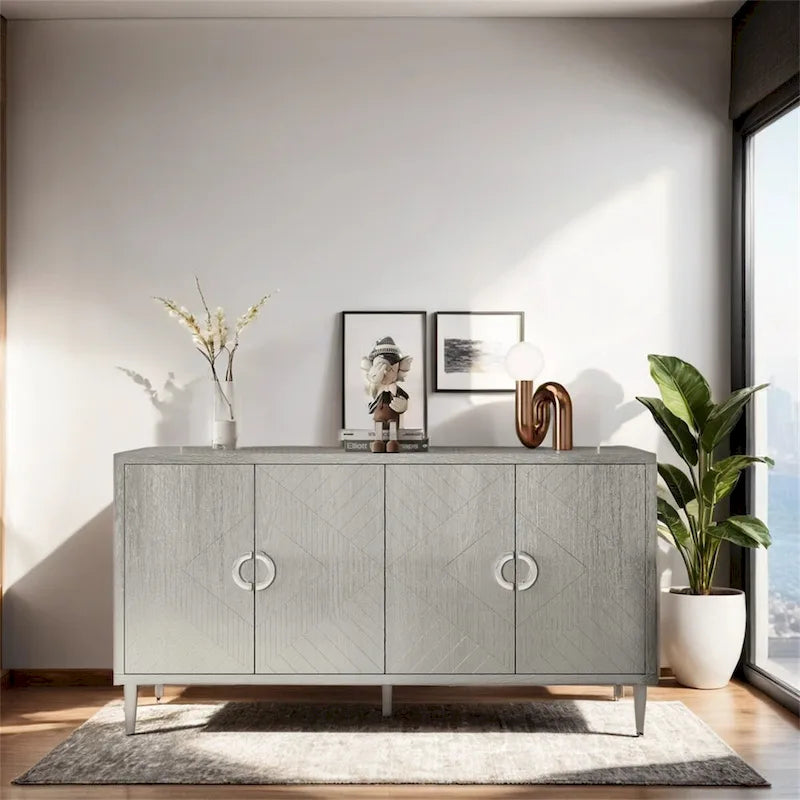 Armoire de rangement 4 portes, élégante et fonctionnelle, avec pieds en pin et MDF