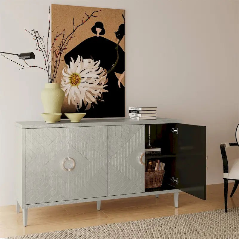 Armoire de rangement 4 portes, élégante et fonctionnelle, avec pieds en pin et MDF