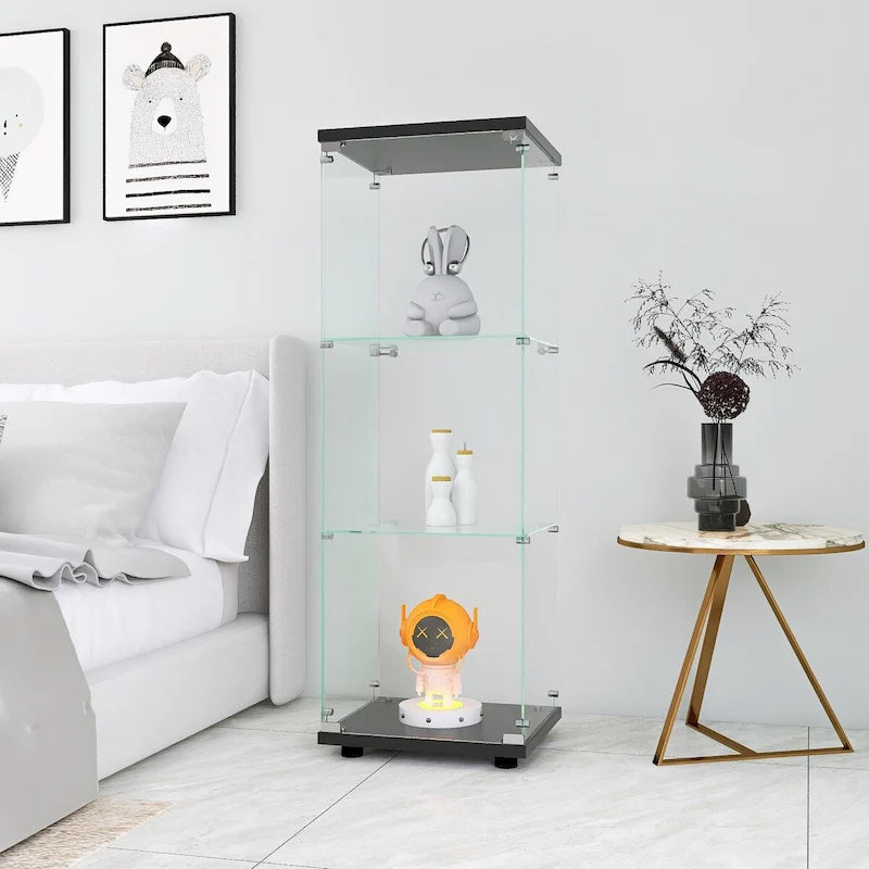 Vitrine en verre avec 3 étagères, meuble vitrine à une porte, bibliothèque en verre noire sur pied, installation rapide
