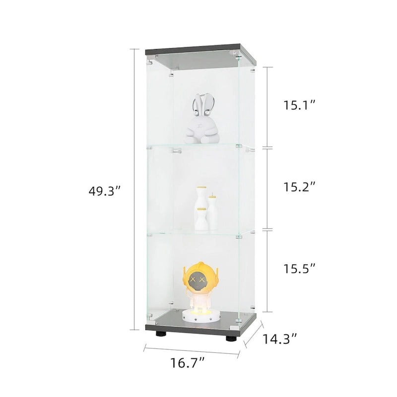 Vitrine en verre avec 3 étagères, meuble vitrine à une porte, bibliothèque en verre noire sur pied, installation rapide
