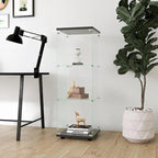 Vitrine en verre avec 3 étagères, meuble vitrine à une porte, bibliothèque en verre noire sur pied, installation rapide