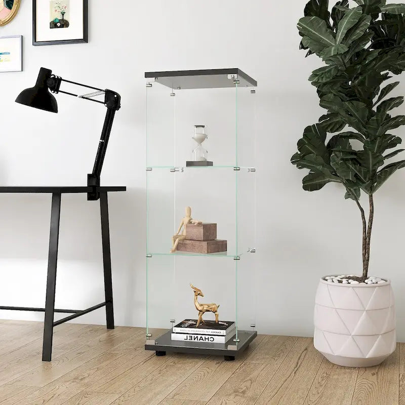 Vitrine en verre avec 3 étagères, meuble vitrine à une porte, bibliothèque en verre noire sur pied, installation rapide