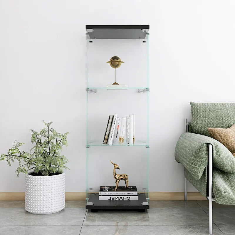 Vitrine en verre avec 3 étagères, meuble vitrine à une porte, bibliothèque en verre noire sur pied, installation rapide