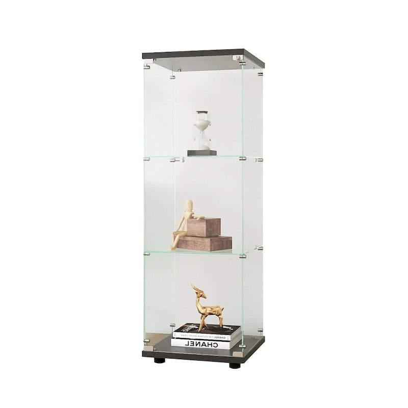 Vitrine en verre avec 3 étagères, meuble vitrine à une porte, bibliothèque en verre noire sur pied, installation rapide