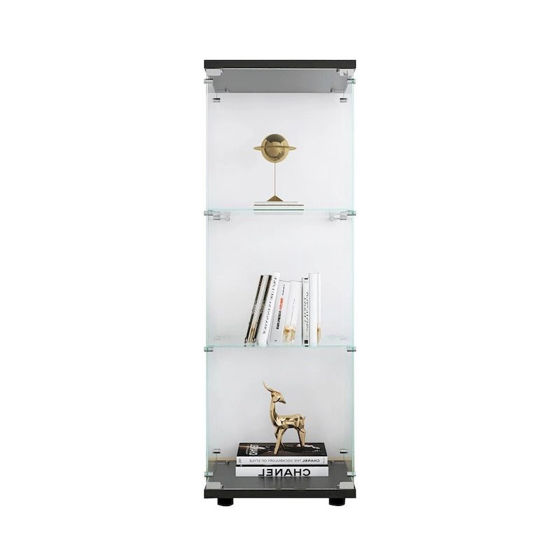 Vitrine en verre avec 3 étagères, meuble vitrine à une porte, bibliothèque en verre noire sur pied, installation rapide