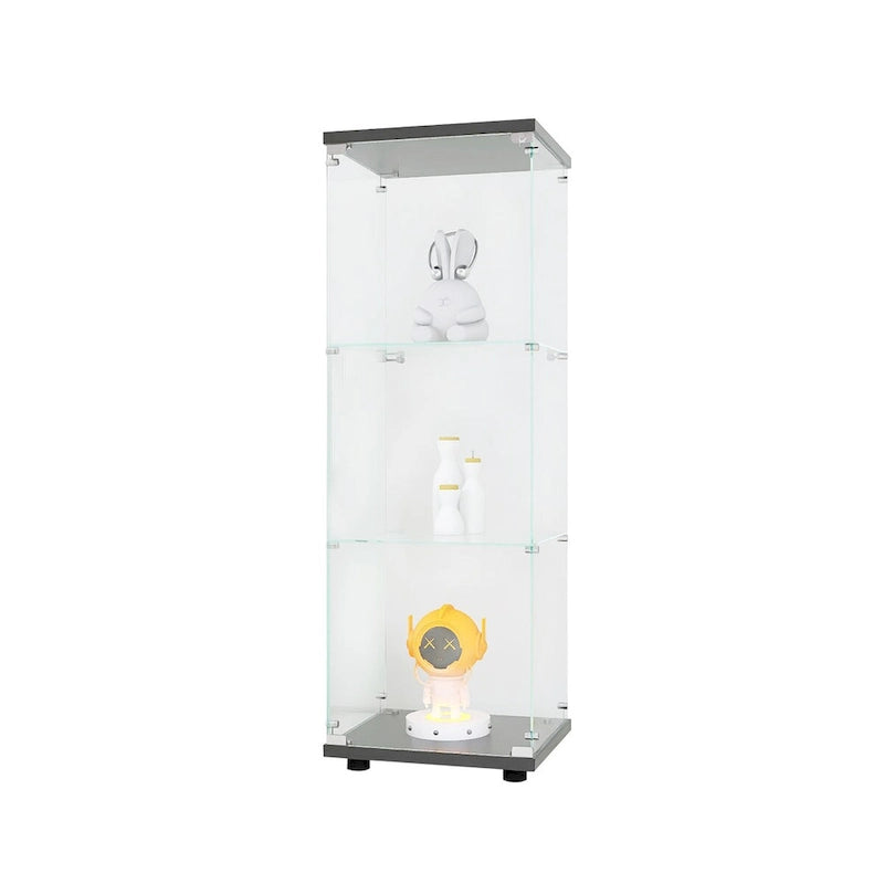Vitrine en verre avec 3 étagères, meuble vitrine à une porte, bibliothèque en verre noire sur pied, installation rapide