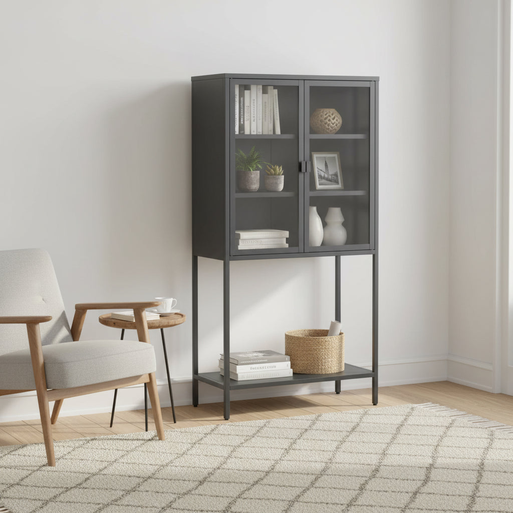 Storage CabinetAdjustable Shelves,Adjustable FeetGlass Doors and Shelves