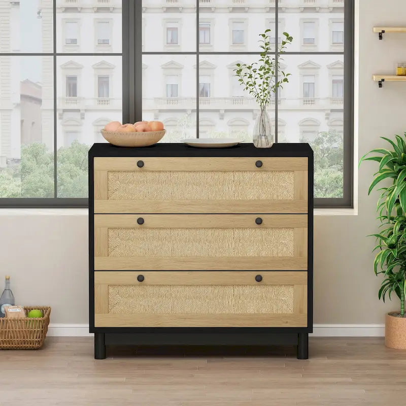 30.313-Meuble de rangement à tiroirs en corde tressée, pour chambre, salon, salle à manger, couloirs, noir