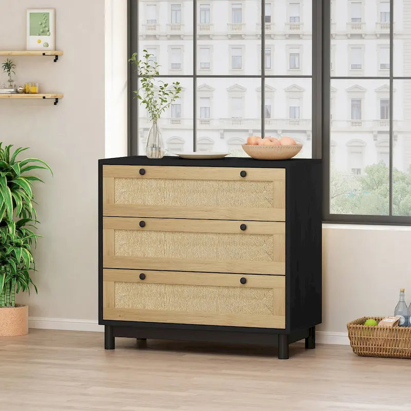 30.313-Meuble de rangement à tiroirs en corde tressée, pour chambre, salon, salle à manger, couloirs, noir