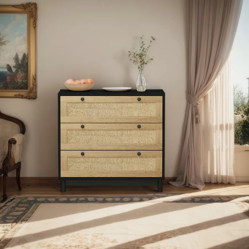 30.313-Meuble de rangement à tiroirs en corde tressée, pour chambre, salon, salle à manger, couloirs, noir