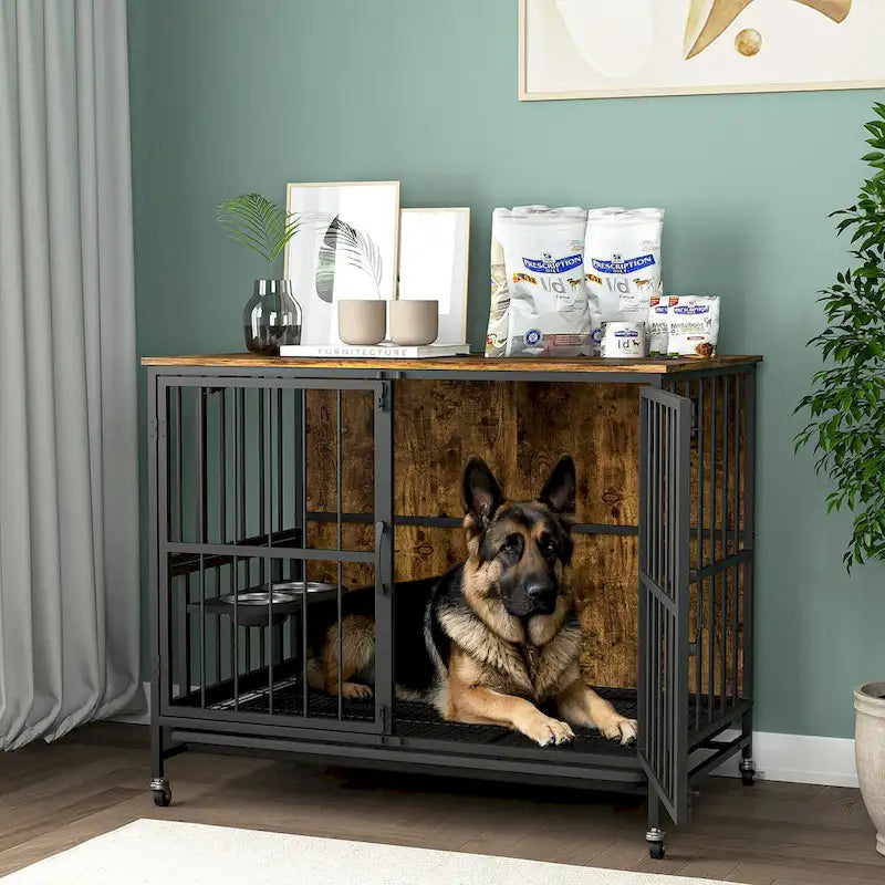 Kennel Dogs room up to 80 LB with Rremovable Ttray,2 Door Dog House,lift Panel,360 Degree Rotation,3 Height Adjustable Bowls
