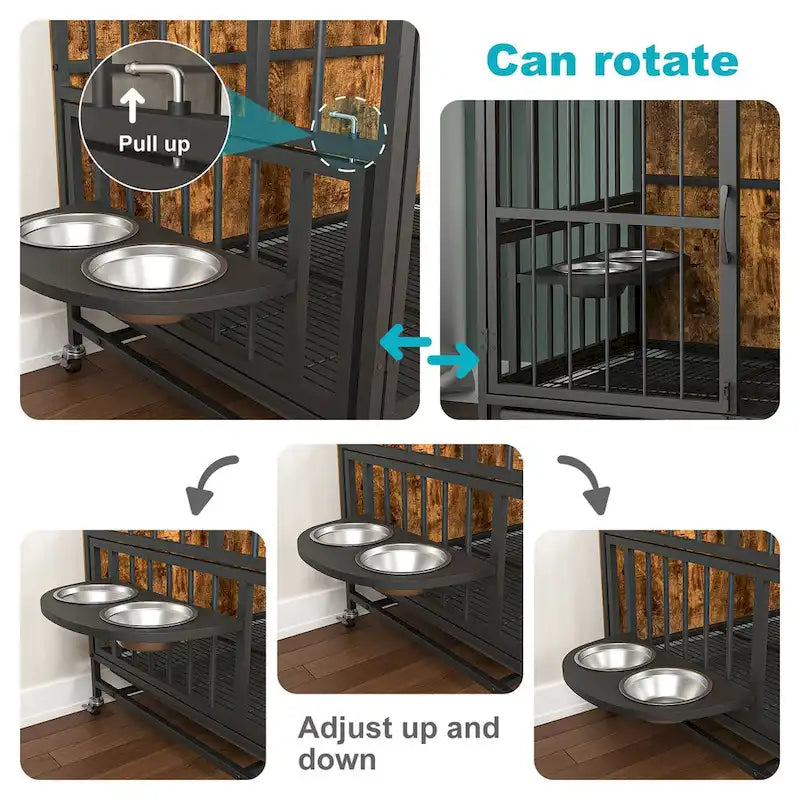 Chenil pour chiens jusqu'à 36 kg avec plateau amovible, niche à deux portes, panneau relevable, rotation à 360 degrés, gamelles réglables sur 3 hauteurs