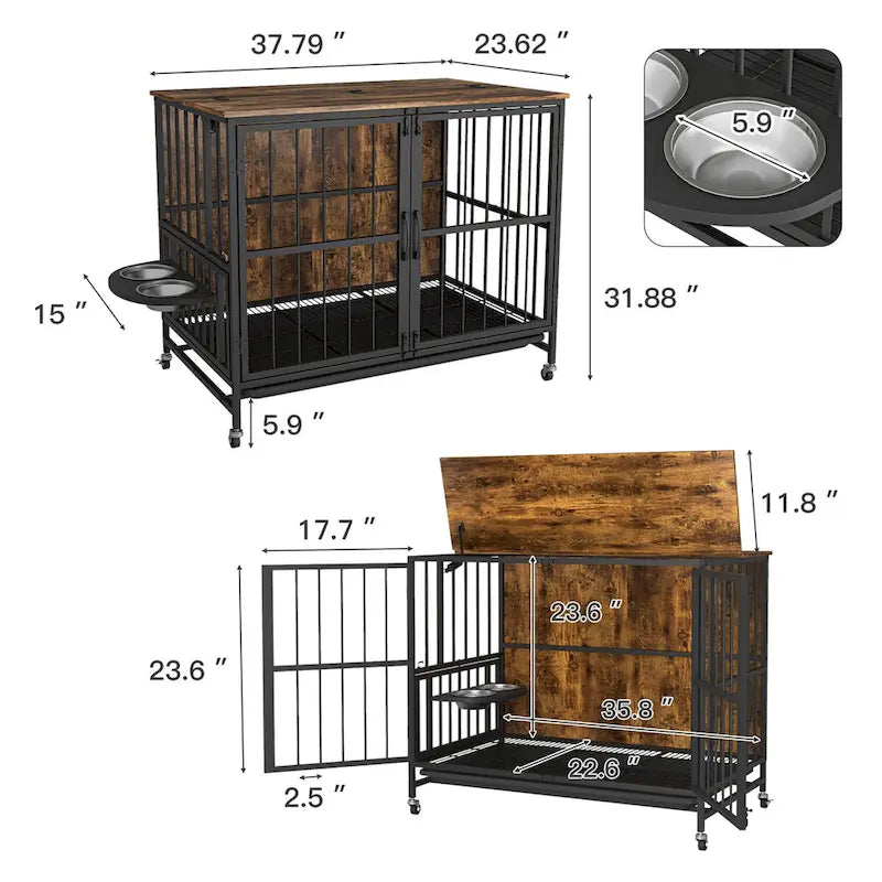 Chenil pour chiens jusqu'à 36 kg avec plateau amovible, niche à deux portes, panneau relevable, rotation à 360 degrés, gamelles réglables sur 3 hauteurs