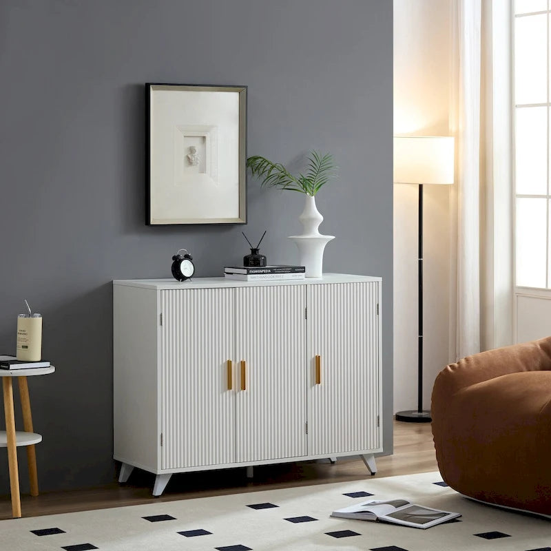 Buffet avec texture ondulée, armoire d'appoint blanche avec porte, bibliothèque moderne pour cuisine, salon, entrée
