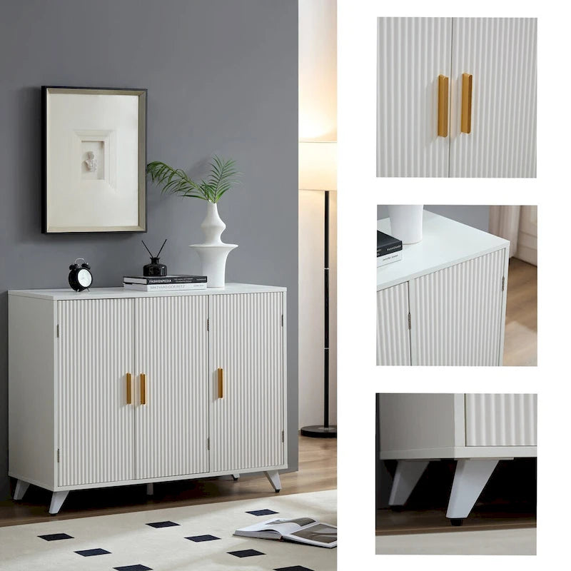 Buffet avec texture ondulée, armoire d'appoint blanche avec porte, bibliothèque moderne pour cuisine, salon, entrée