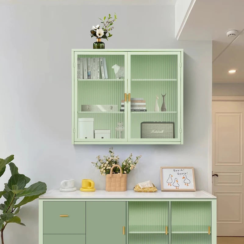 27.56Glass Doors Modern Two-door Wall Cabinet with Featuring Three-tier Storage for Entryway Living Room Bathroom Dining Room