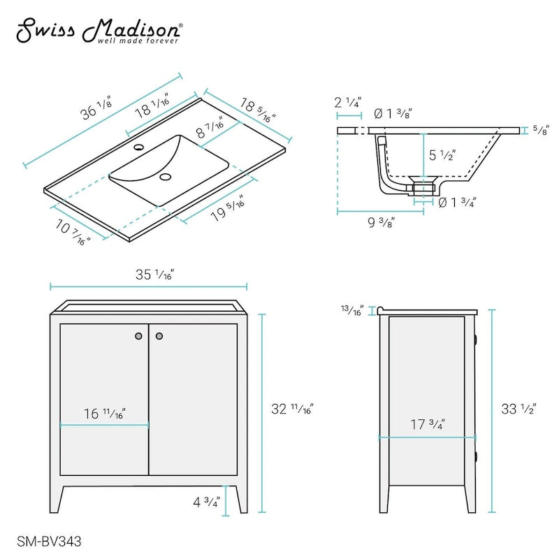 Lavabo de salle de bain mural carré de 16,5 po - Marron