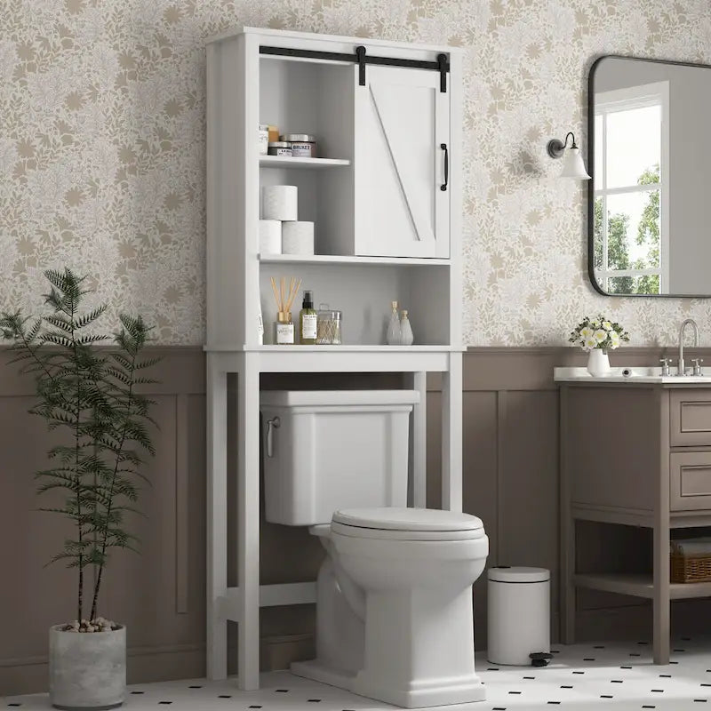Meuble de Rangement de Salle de Bain Suspendu au-dessus des Toilettes avec Étagères Réglables et Porte Coulissante (Style Grange)