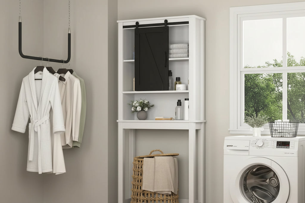 Meuble de Rangement de Salle de Bain Suspendu au-dessus des Toilettes avec Étagères Réglables et Porte Coulissante (Style Grange)