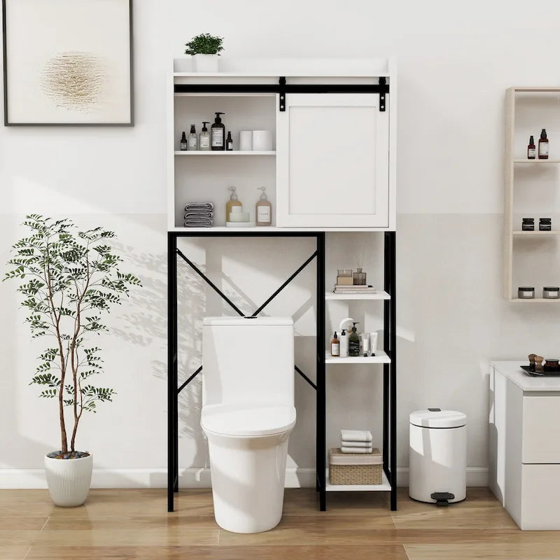 Meuble de rangement au-dessus des toilettes avec porte coulissante de style grange