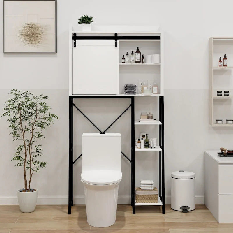 Meuble de rangement au-dessus des toilettes avec porte coulissante de style grange