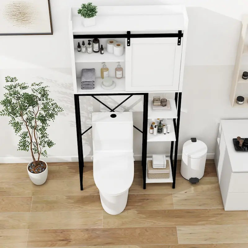 Meuble de rangement au-dessus des toilettes avec porte coulissante de style grange