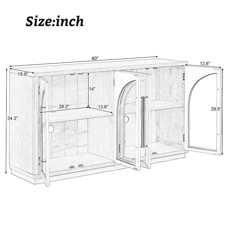 Buffet rétro 4 portes avec grand espace de rangement, poignées métalliques et étagères réglables