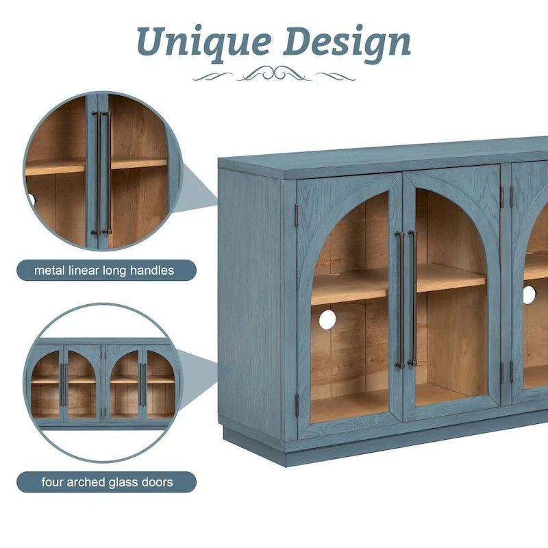Buffet rétro 4 portes avec grand espace de rangement, poignées métalliques et étagères réglables